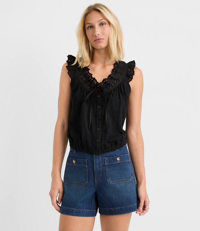 Eyelet Ruffle Tie Neck Button Top
