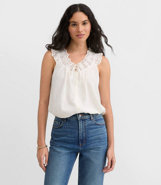 Eyelet Ruffle Tie Neck Button Top