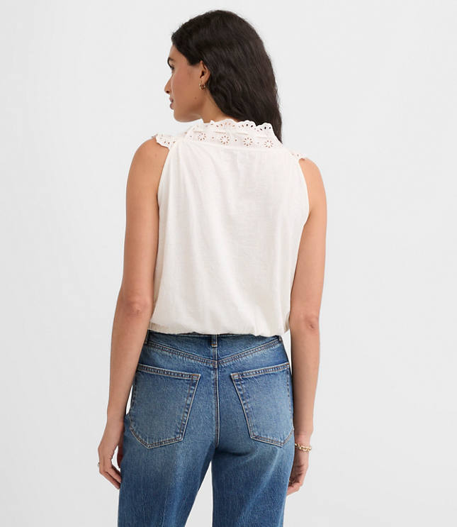 Eyelet Ruffle Tie Neck Button Top
