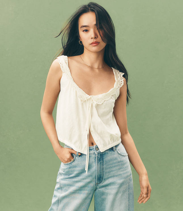 Eyelet Ruffle Tie Neck Button Top