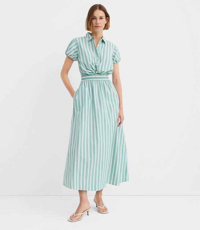 Petite Striped Poplin Twist Midi Pocket Shirtdress
