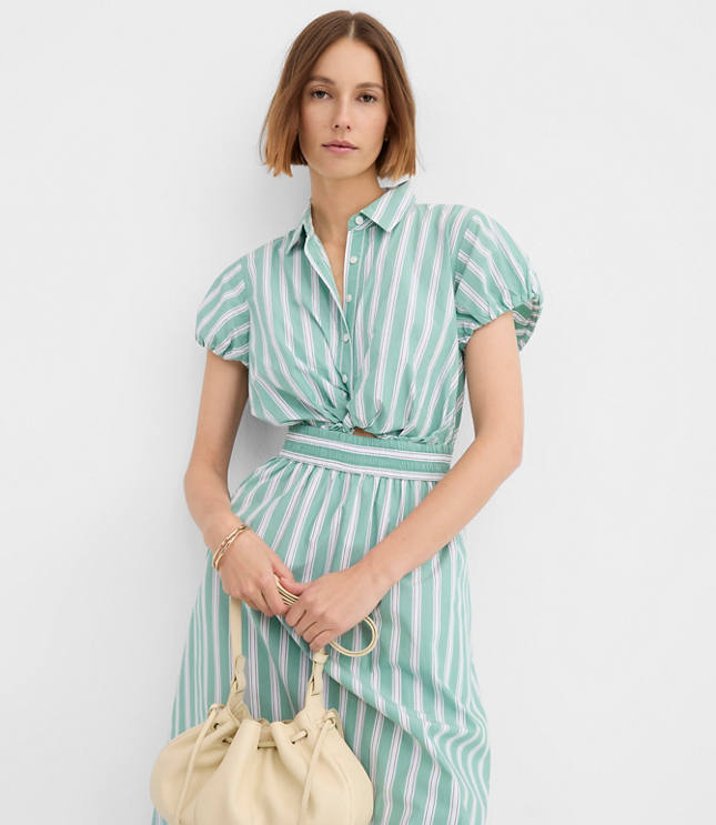 Petite Striped Poplin Twist Midi Pocket Shirtdress