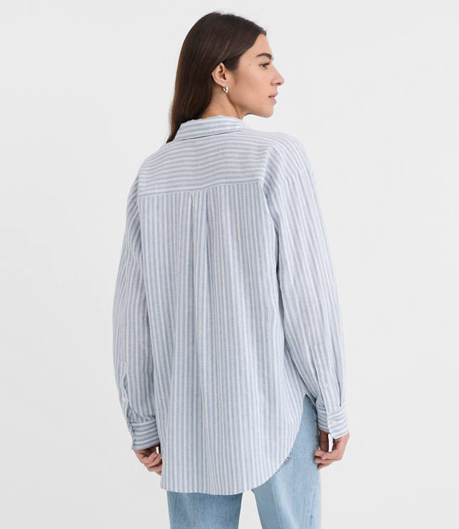Petite Striped Linen Cotton Everyday Oversized Pocket Shirt