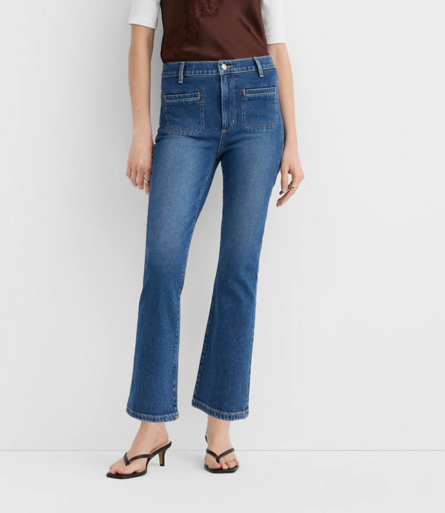 Rivete Short Welt Pocket High Rise Kick Crop Jeans in Mid Wash