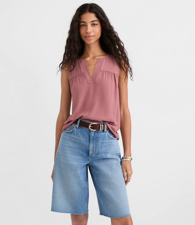 Petite Split Neck Mixed Media Shell