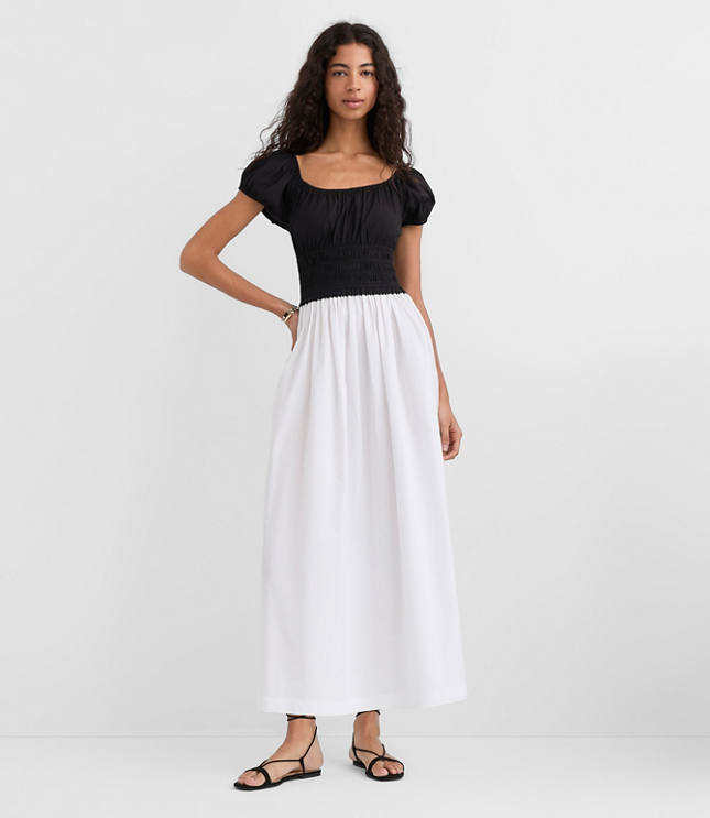 Petite Poplin Smocked Puff Sleeve Midi Dress