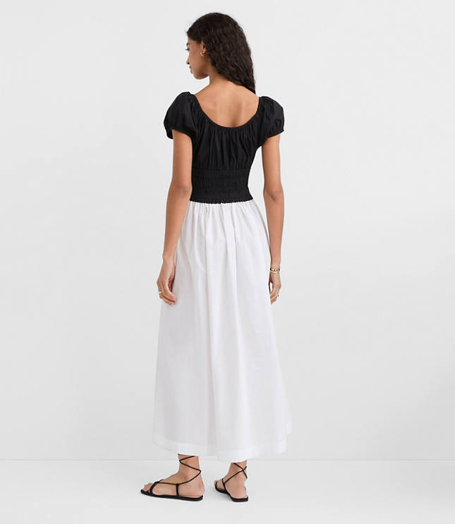 Petite Poplin Smocked Puff Sleeve Midi Dress