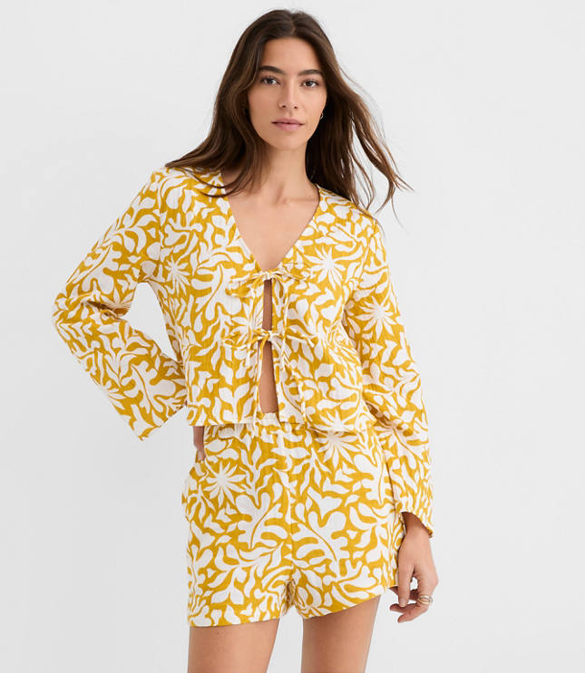 Petite LOFT Beach Palm Gauze Bow Tie Top