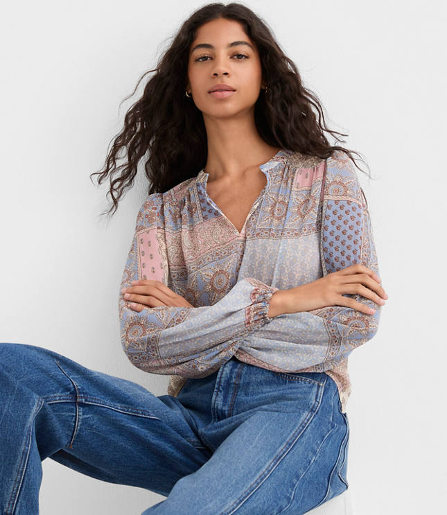 Patchwork Split Neck Blouse