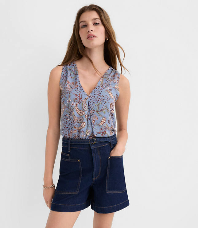 Paisley Pleated V-Neck Mixed Media Shell