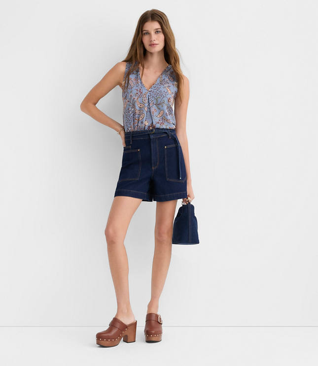 Paisley Pleated V-Neck Mixed Media Shell