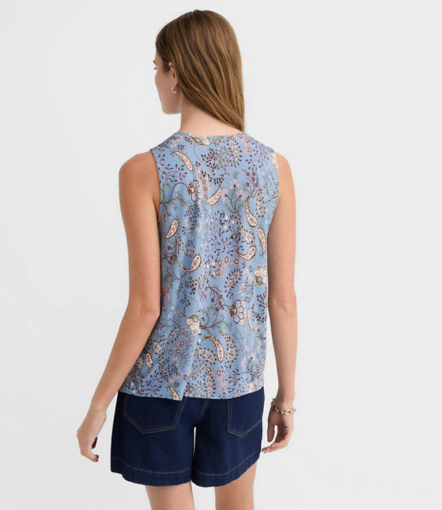 Paisley Pleated V-Neck Mixed Media Shell