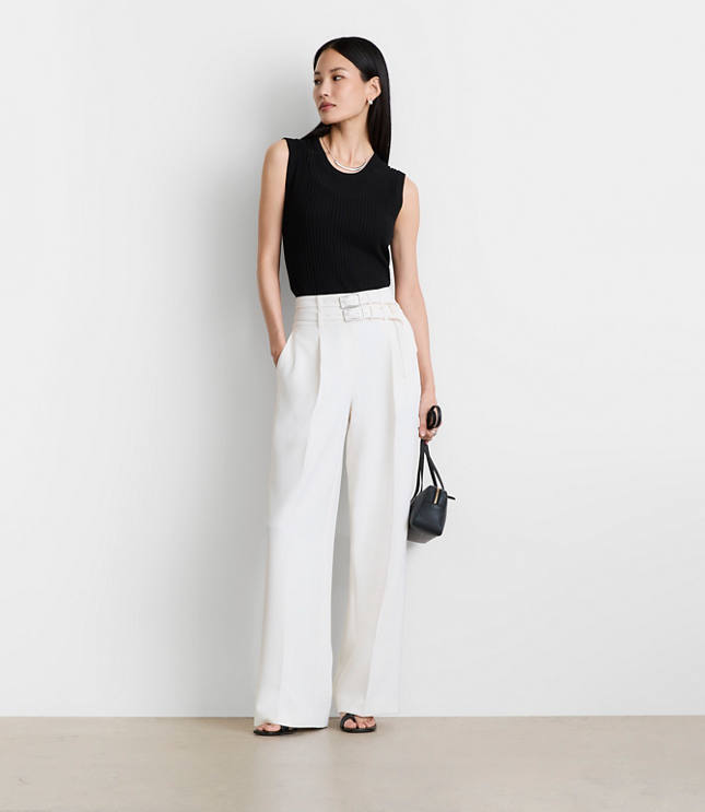 Petite LOFT Versa Crepe Drape Double Belted Wide Leg Pants
