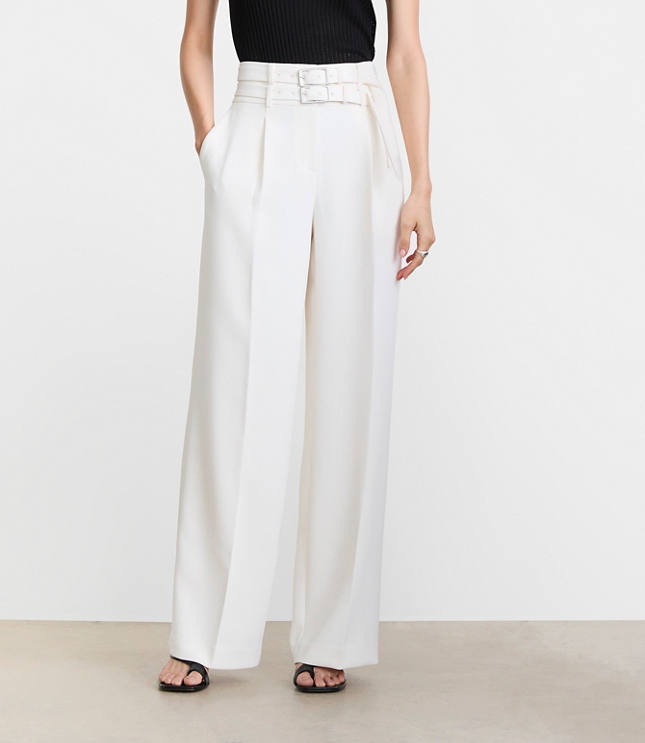 Petite LOFT Versa Crepe Drape Double Belted Wide Leg Pants