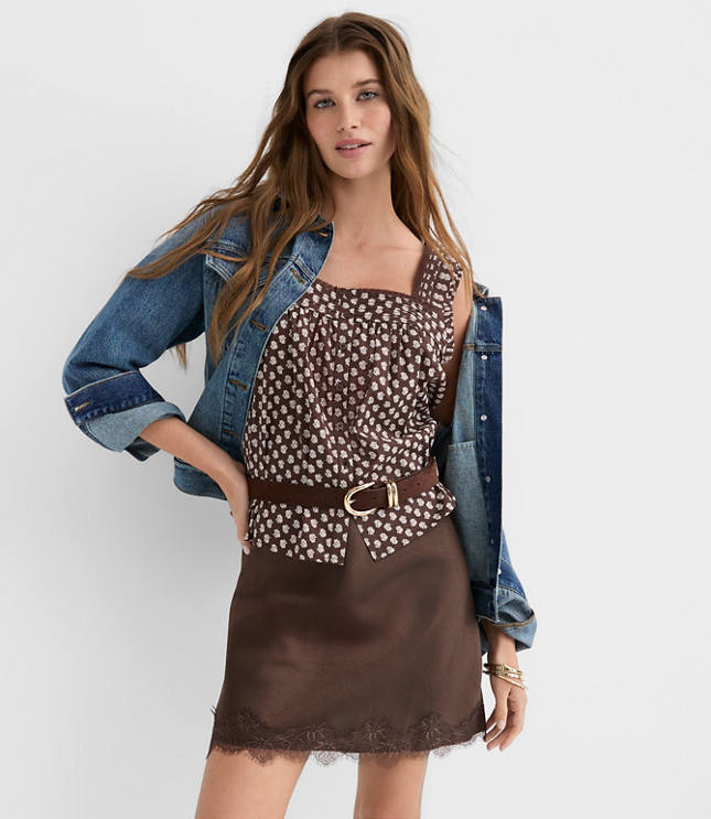 Lace Trim Satin Bias Mini Skirt