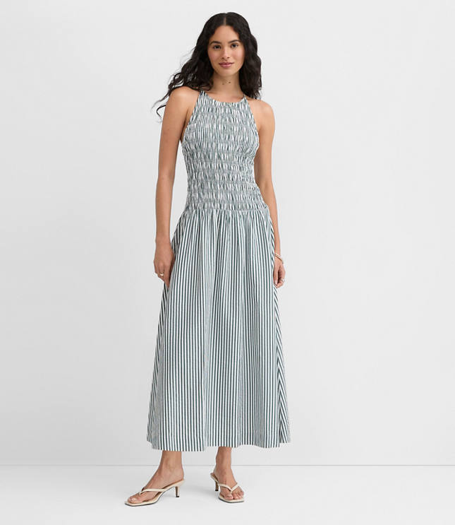 Tall Striped Smocked Halter Midi Pocket Dress