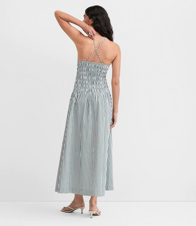 Tall Striped Smocked Halter Midi Pocket Dress