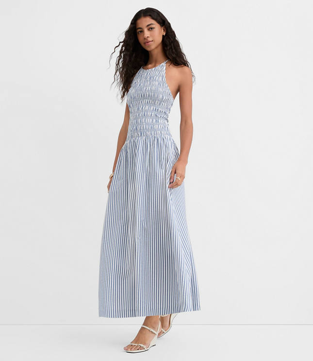 Tall Striped Smocked Halter Midi Pocket Dress
