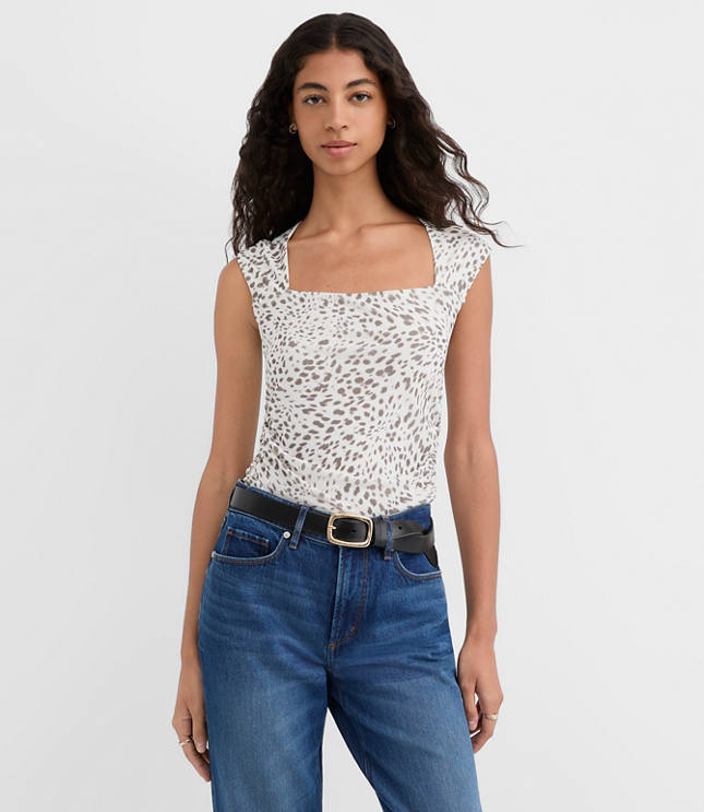 Cheetah Print Mesh Ruched Square Neck Top