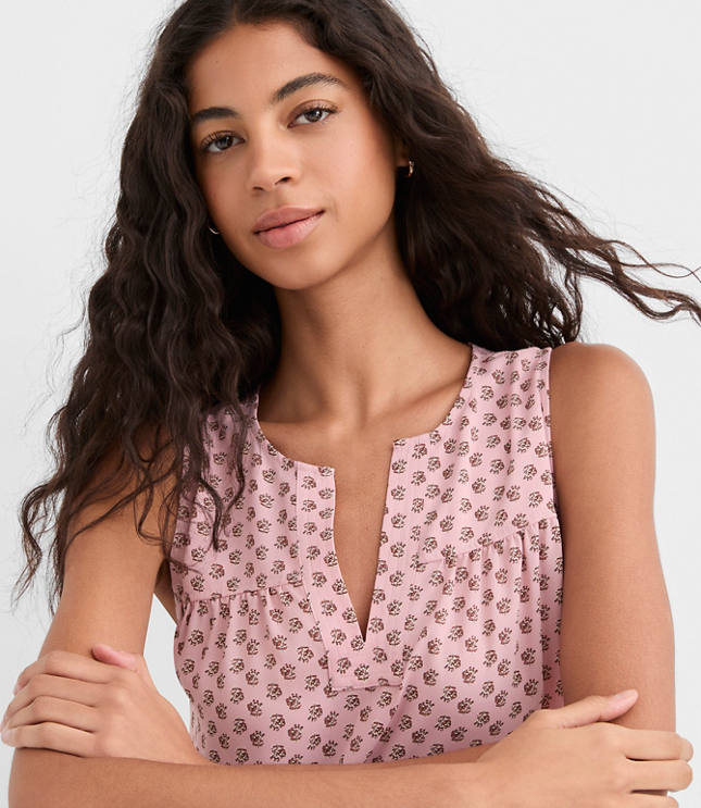 Petite Floral Split Neck Mixed Media Shell