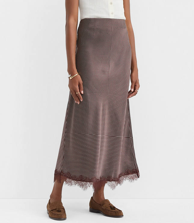 Petite Pindot Lace Trim Satin Bias Maxi Skirt