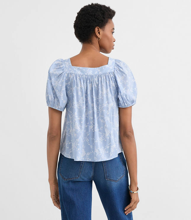 Petite Paisley Puff Sleeve Square Neck Blouse