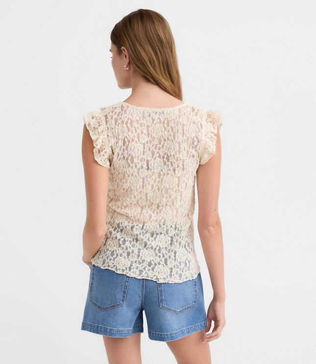 Petite Lace Ruffle Tie Neck Top
