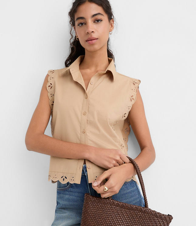 Petite Eyelet Poplin Sleeveless Shirt