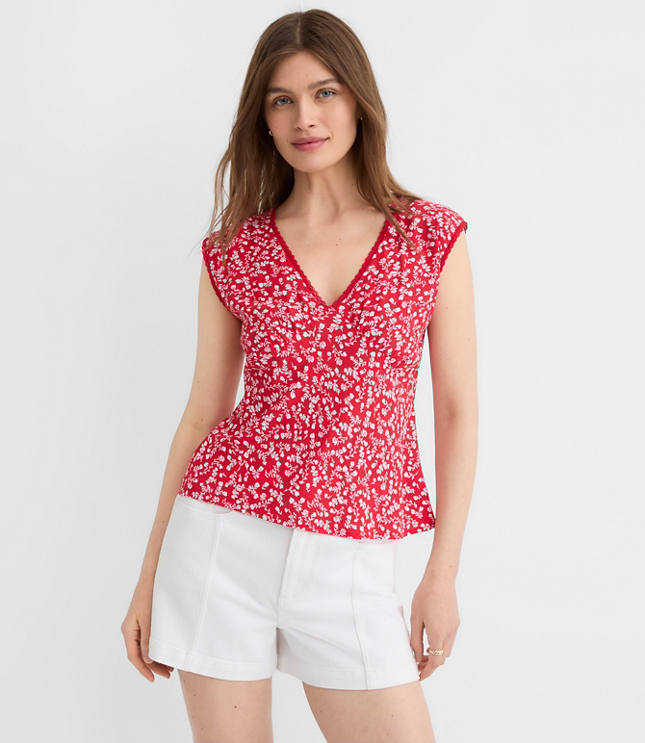 Petite Floral Lace Trim Cap Sleeve Top