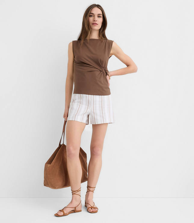 Petite Darted Side Zip Shorts in Striped Linen Cotton