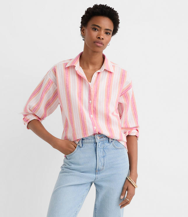Petite Striped Linen Cotton Everyday Oversized Shirt