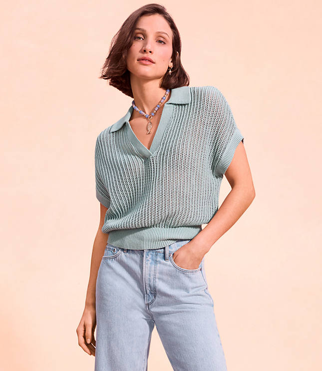 Petite Collared Mesh Stitch Wedge Sweater