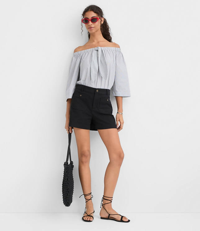 Petite Striped Poplin Bow Off The Shoulder Top carousel Product Image 2