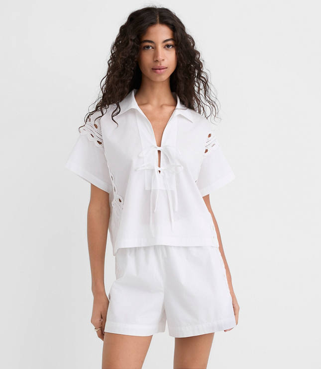 Petite Lace Eyelet Bow Poplin Shirt