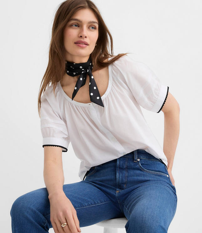 Petite Scalloped Pintucked Puff Sleeve Blouse