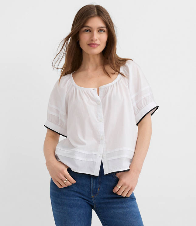 Petite Scalloped Pintucked Puff Sleeve Blouse