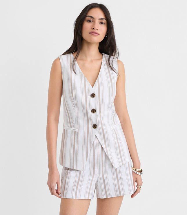 Petite Striped Tailored Cotton Linen Vest