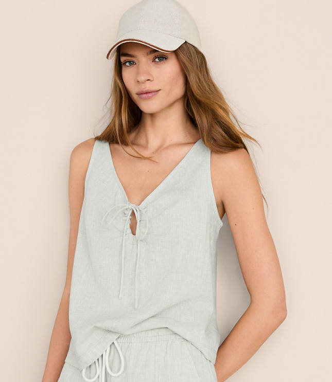 Petite Lou & Grey Crosshatch Linen Cotton Tie Keyhole Tank Top