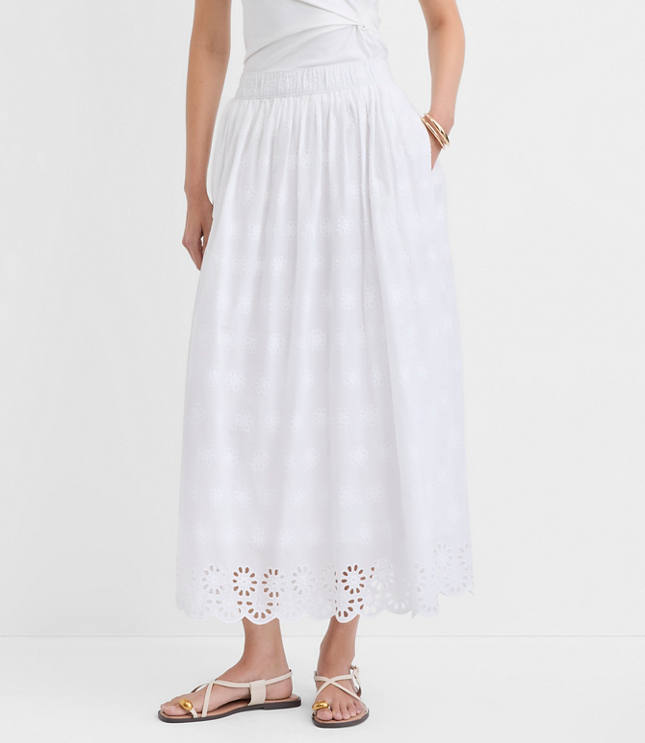 Scalloped Eyelet Pull On Midi Pocket Skirt