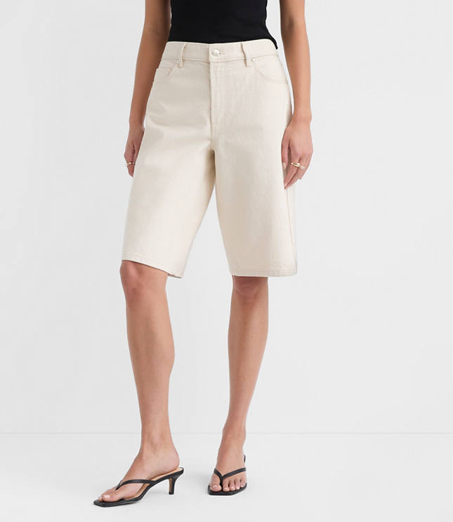 Rivete Curvy High Rise Denim Bermuda Shorts in Ivory