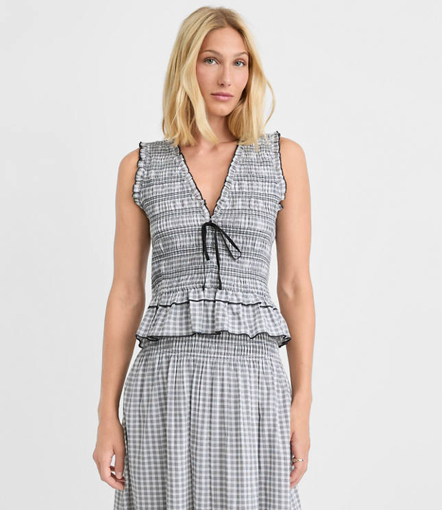 Petite Plaid Smocked Ruffle Peplum Top