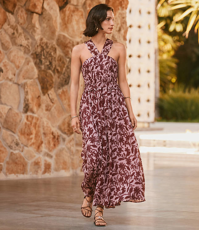 Petite Hibiscus Smocked Maxi Halter Dress