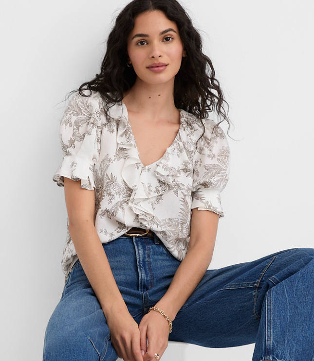 Floral Toile Pintucked Ruffle Blouse