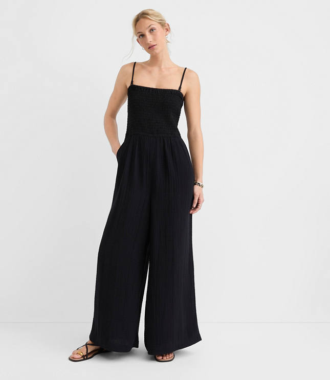 LOFT Beach Triple Cloth Smocked Mixed Media Jumpsuit carousel Product Image 1