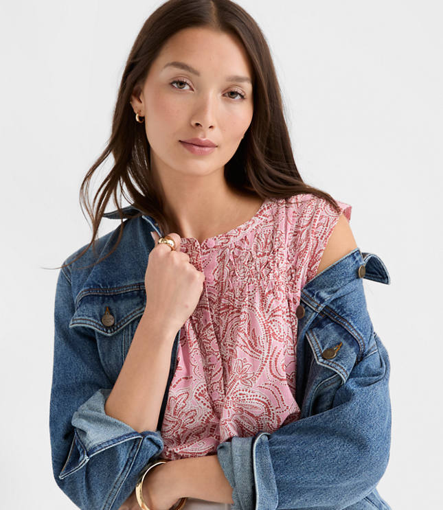 Petite Floral Pleated Yoke Mixed Media Shell