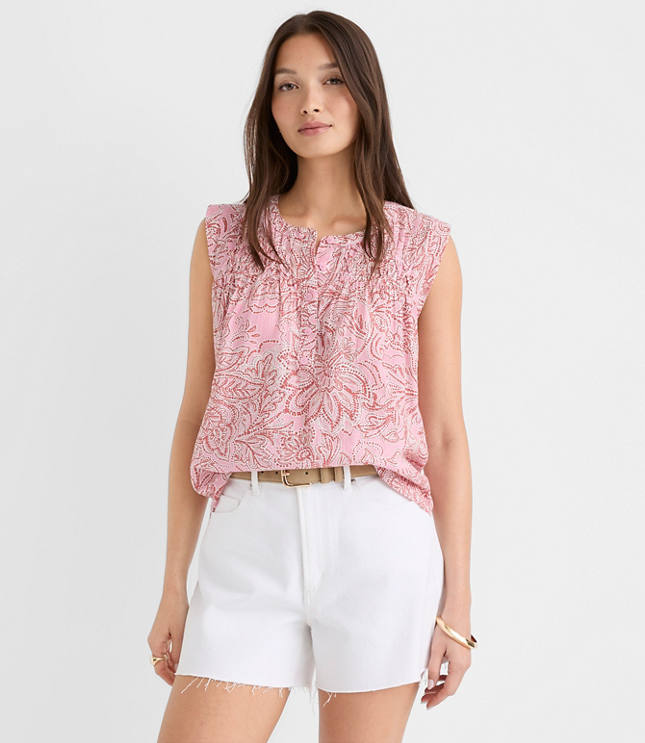 Petite Floral Pleated Yoke Mixed Media Shell