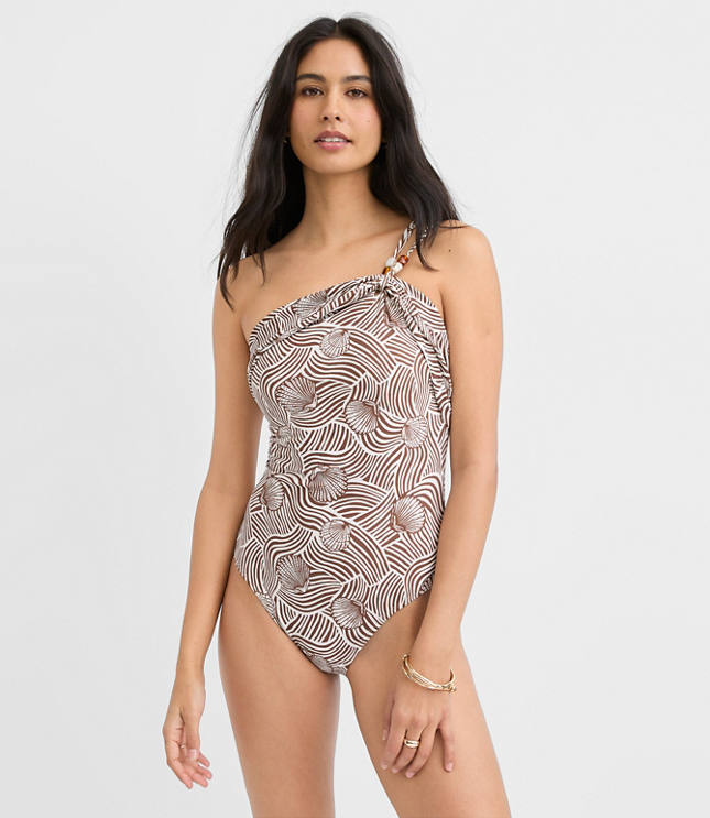 LOFT Beach Seashell Beaded One Shoulder One Piece Swimsuit