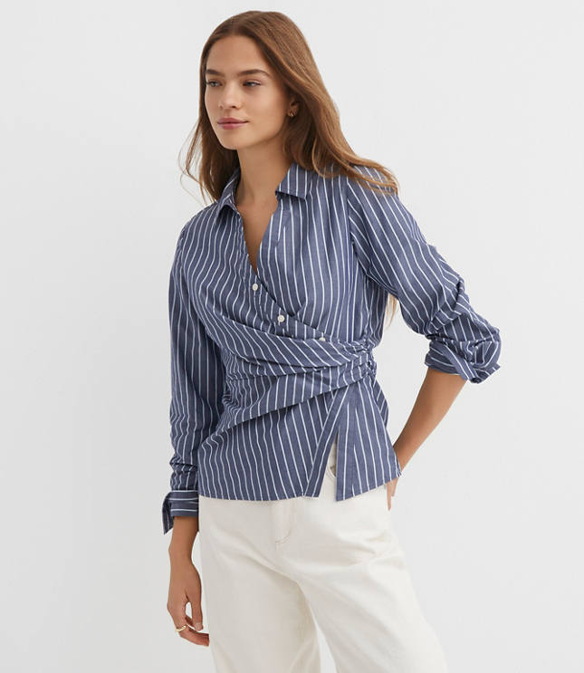 Stripe Side Shirred Poplin Shirt