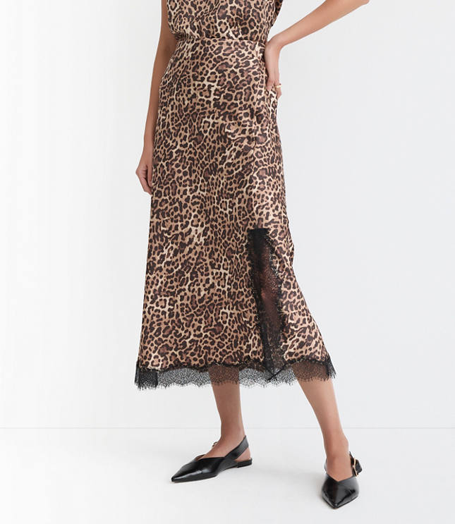 Leopard Print Lace Trim Satin Bias Midi Skirt