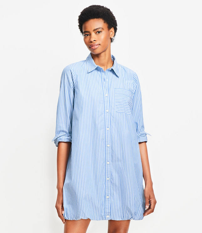Striped Poplin Bubble Hem Mini Pocket Shirtdress